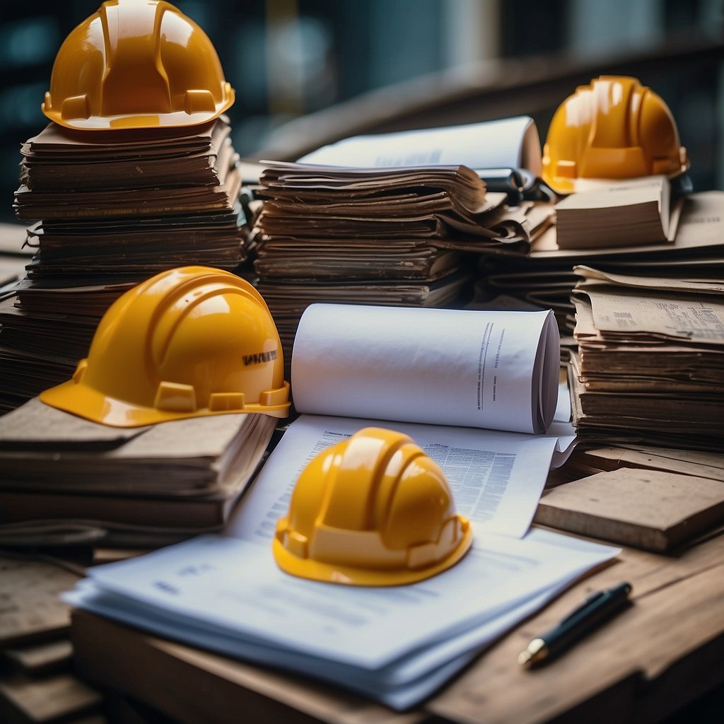 Construction accident lawyers in Yonkers NY office scene with legal documents, hard hats, and construction site photos