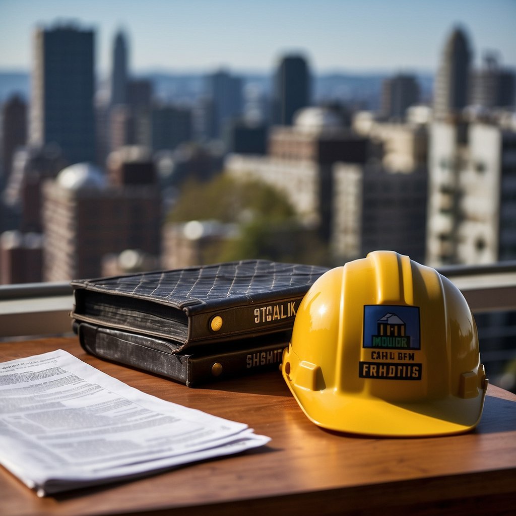 Construction accident lawyers office in Yonkers NY. City skyline in background. Legal documents on desk. Scaffolding and construction equipment visible