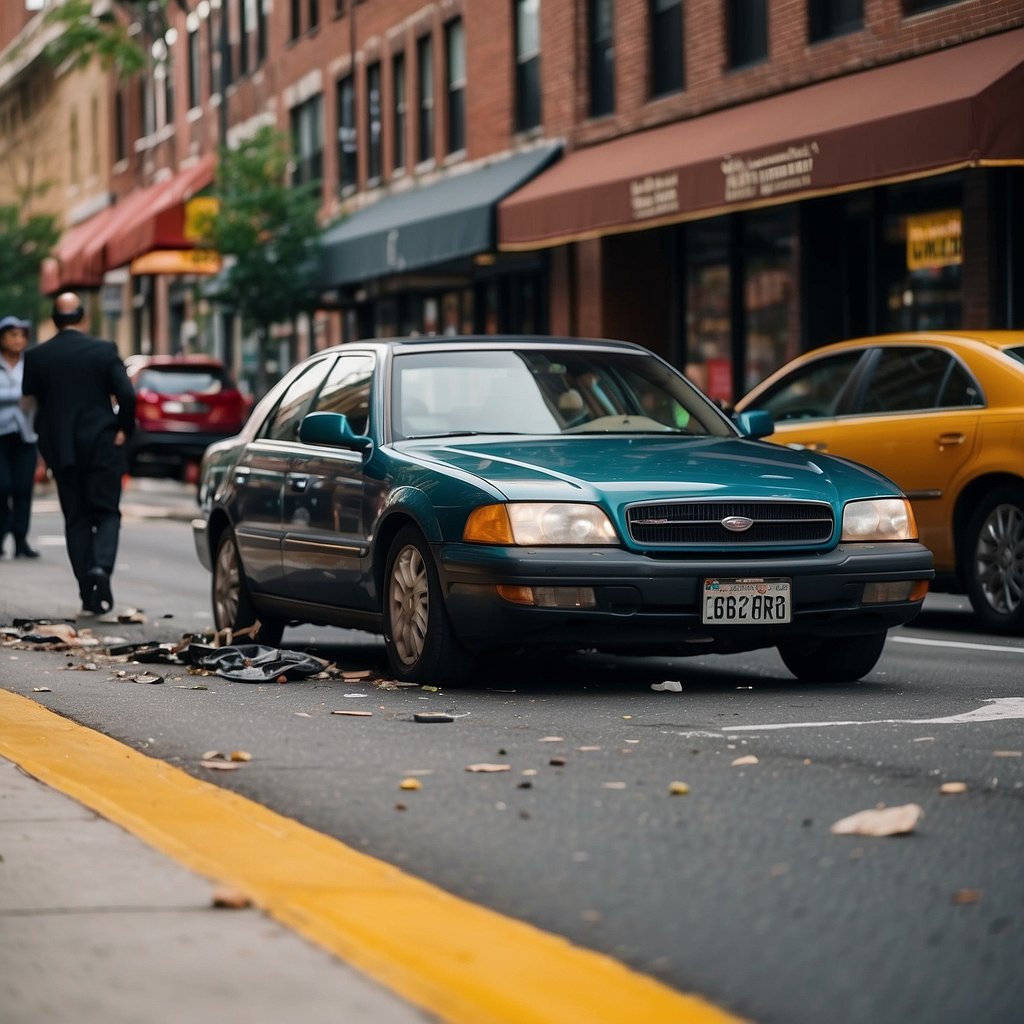 Two cars collide on a busy street in Yonkers, NY, with debris scattered and onlookers watching from the sidewalk
