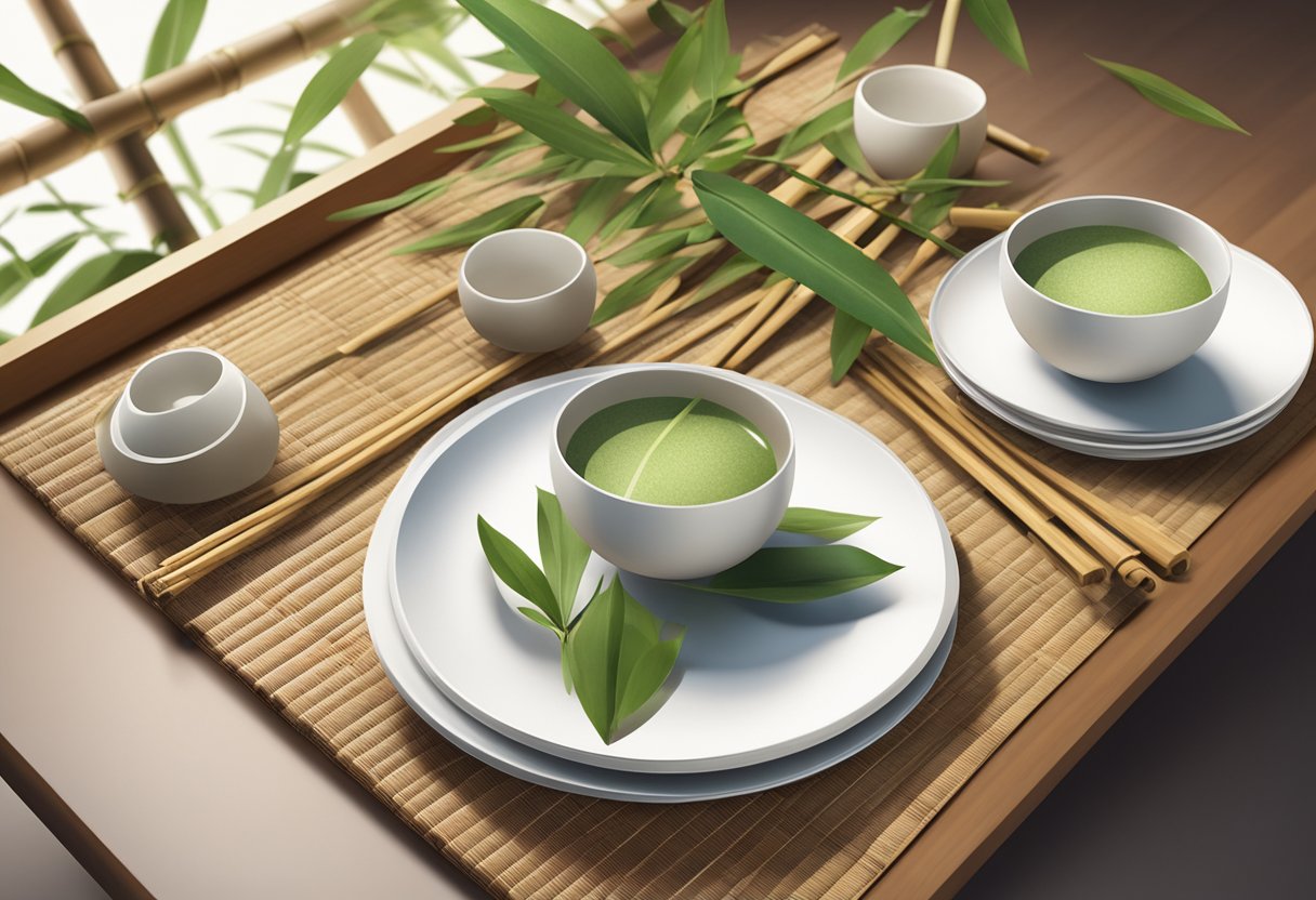 Bamboo utensils, cups, and plates arranged on a table with a bamboo mat and a bamboo plant in the background