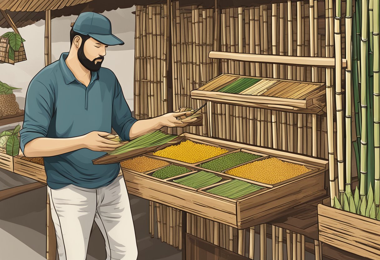 A customer selecting bamboo products from a display at a market stall