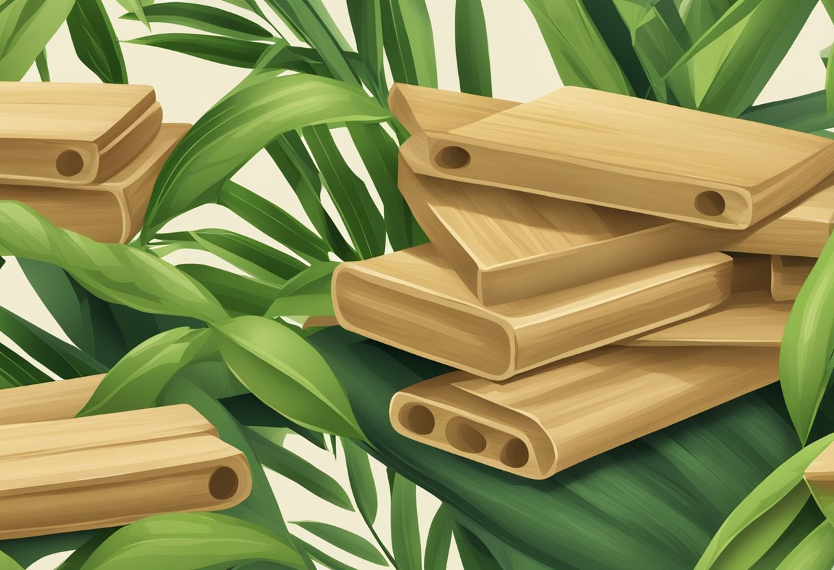 A stack of bamboo products with "Frequently Asked Questions" printed on them, surrounded by green bamboo leaves and a natural, earthy background