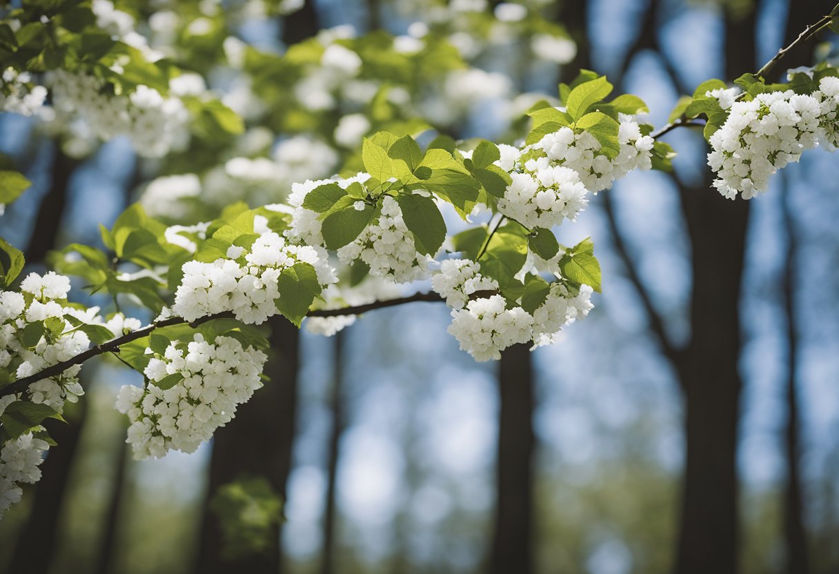 A serene Missouri landscape with changing seasons: blooming flowers in spring, lush greenery in summer, vibrant foliage in fall, and snow-covered trees in winter