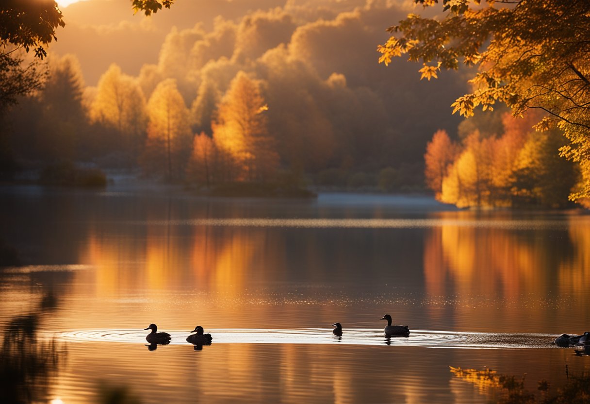 A serene lake reflects the vibrant colors of autumn foliage. A family of ducks swims peacefully as the sun sets behind the rolling hills