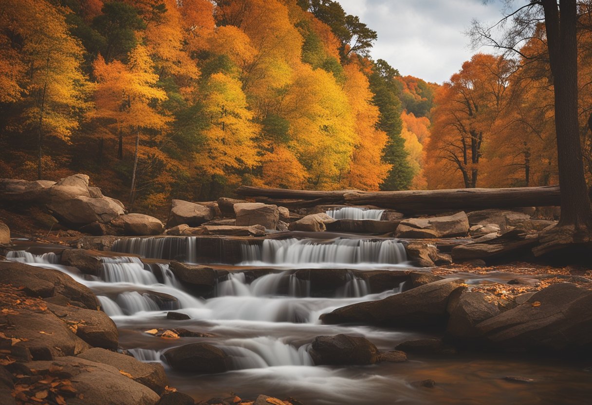 A vibrant scene of Missouri's cultural landmarks and historical sites, capturing the essence of each season through changing foliage and activities