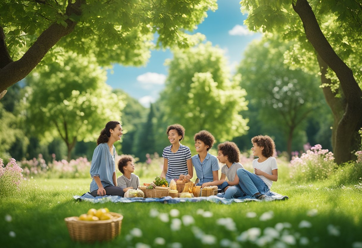 A family picnicking in a lush green park with a clear blue sky, surrounded by blooming flowers and trees, with children playing in the background