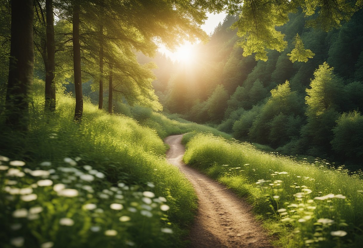 A winding trail leads through a lush forest, with sunlight filtering through the trees. A river flows gently in the distance, surrounded by rolling hills and wildflowers