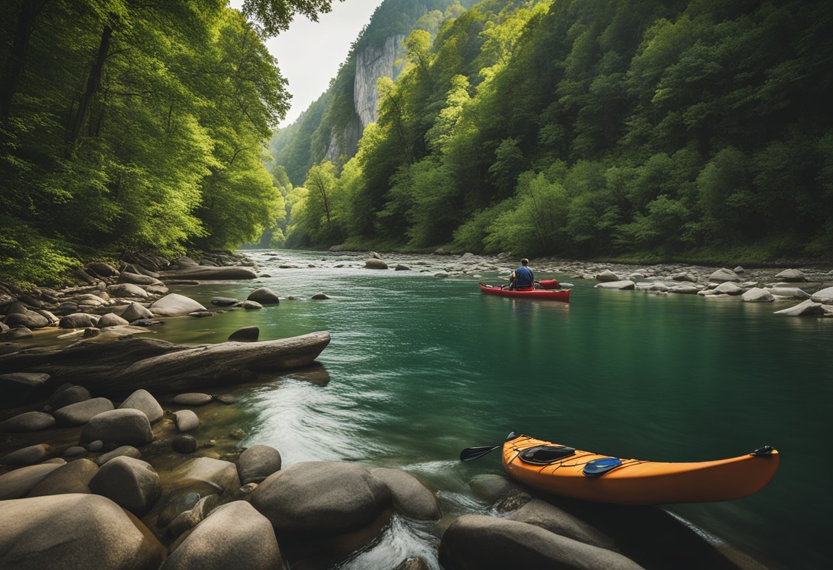 A serene river flows through a lush forest, with towering bluffs in the background. Canoes and kayaks glide along the water, while hikers explore the nearby trails. The scene is filled with natural beauty and outdoor adventure