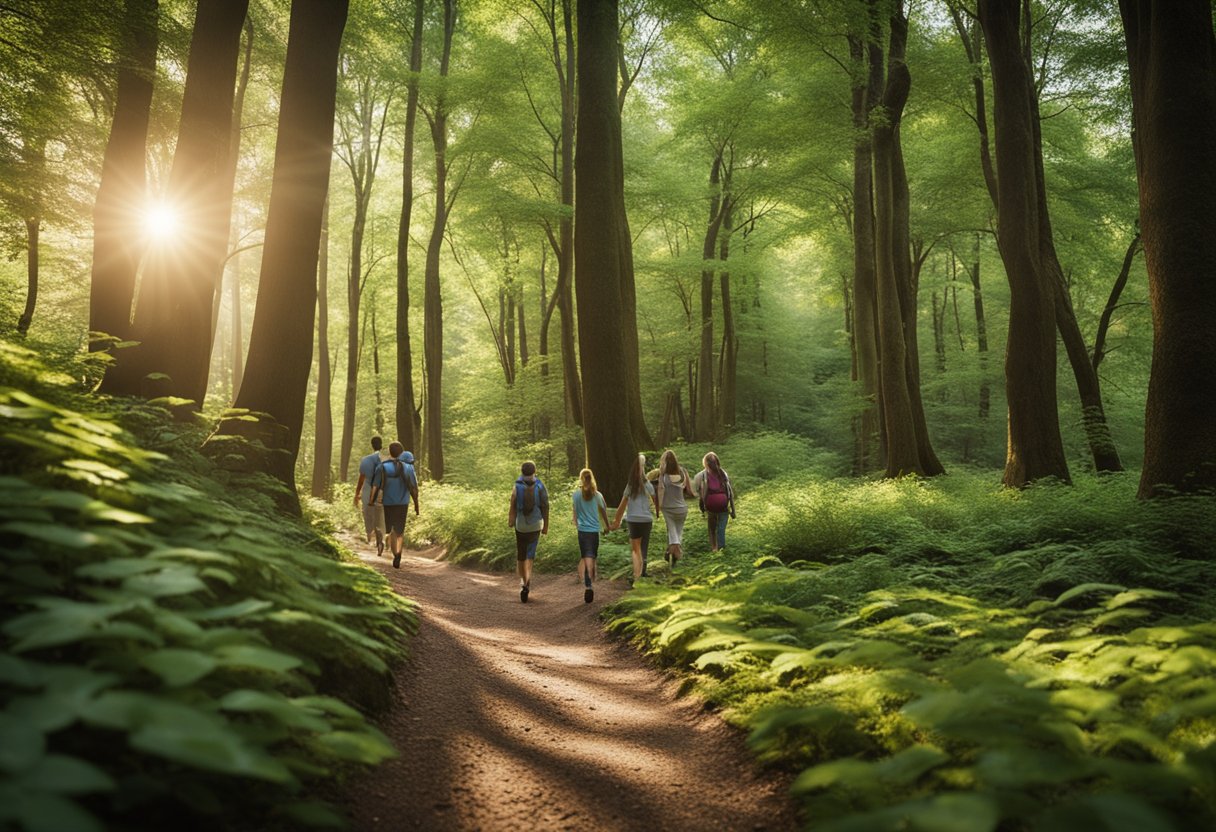 A family hikes through a lush forest trail, with towering trees and a babbling stream. The sun filters through the leaves, creating dappled light on the ground. Birds chirp and a gentle breeze rustles the leaves
