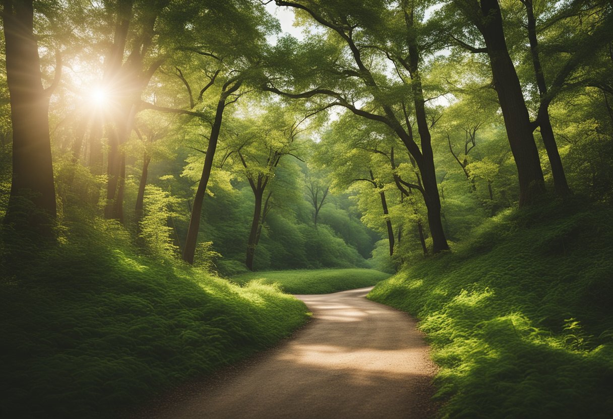 A serene landscape with winding trails through lush forests, expansive parks, and picturesque scenic routes in Missouri