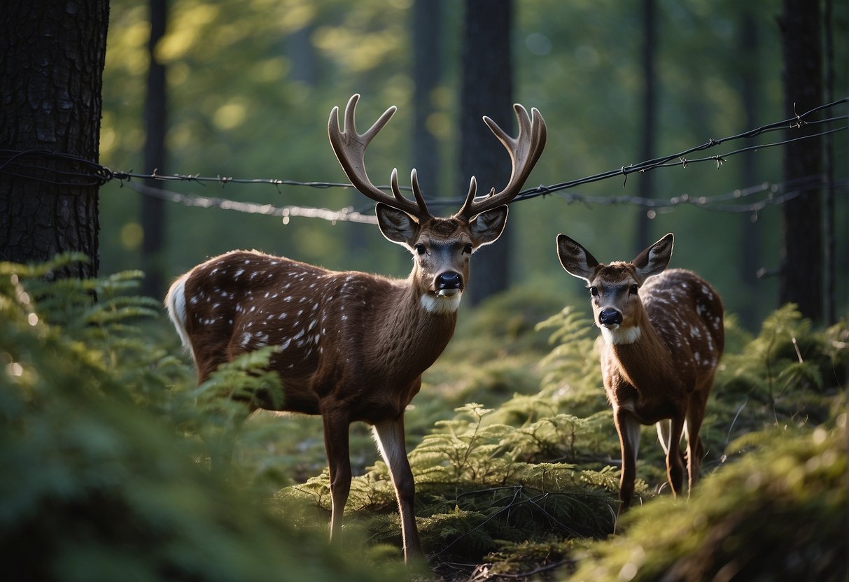 Deers snort and stomp, ears pinned back, as they confront a tangled mess of barbed wire and plastic trash in the forest