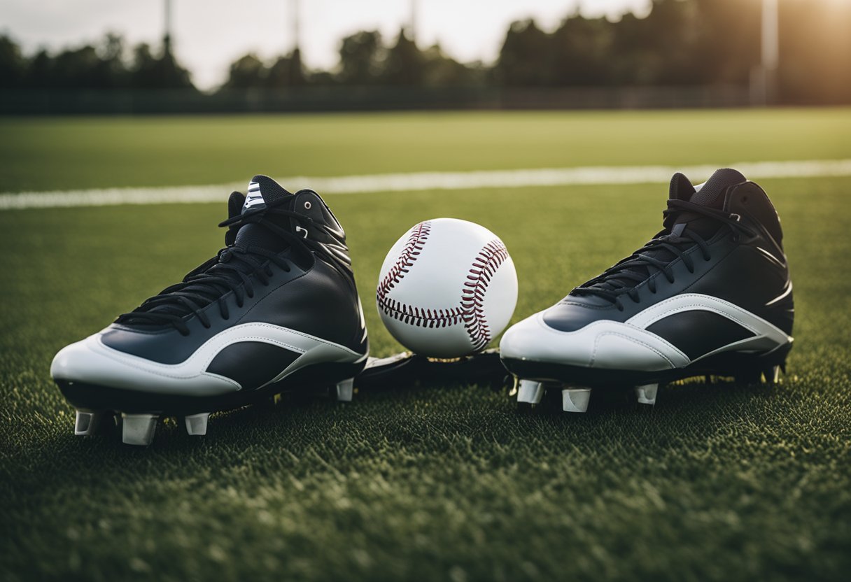 A pair of baseball cleats and football cleats side by side on a grassy field, showcasing their distinct design and features