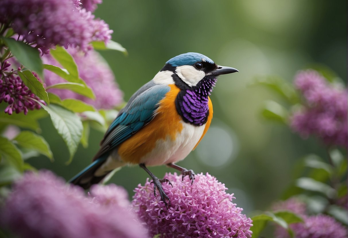A large, colorful bird is perched on the butterfly bush, plucking the flowers with its beak