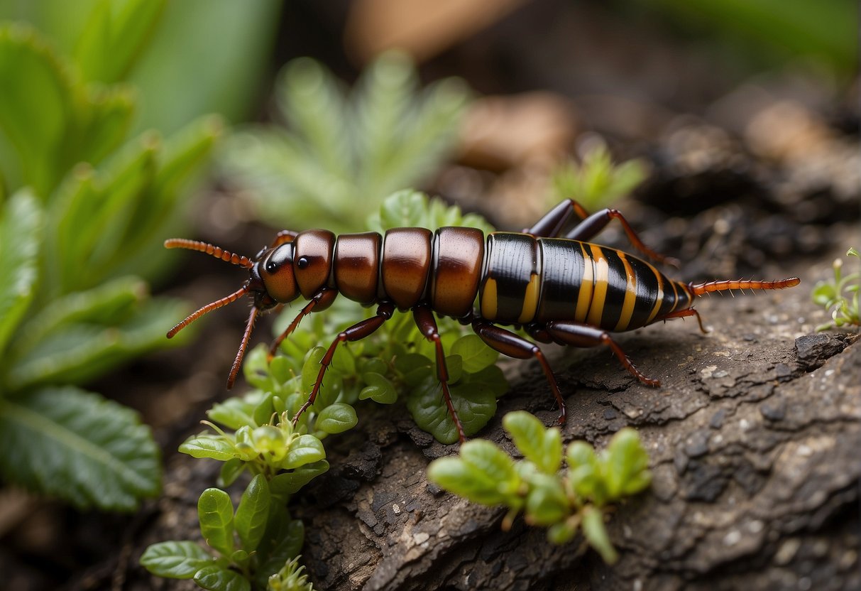 Earwigs eat a variety of organic materials including plants, fruits, and insects. They can be found foraging for food in damp, dark areas such as under rocks or in rotting wood