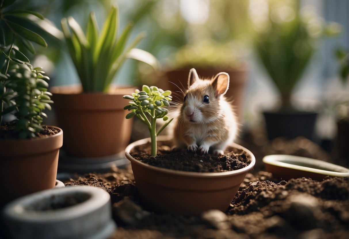 Small animal digging in indoor potted plants