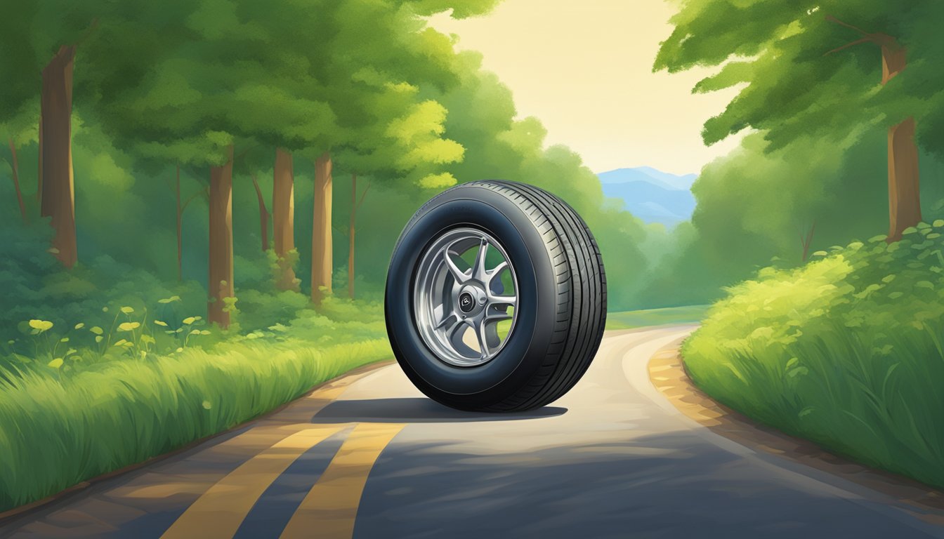 A tire from Firestone rolls smoothly on a winding road, surrounded by lush green trees and a clear blue sky