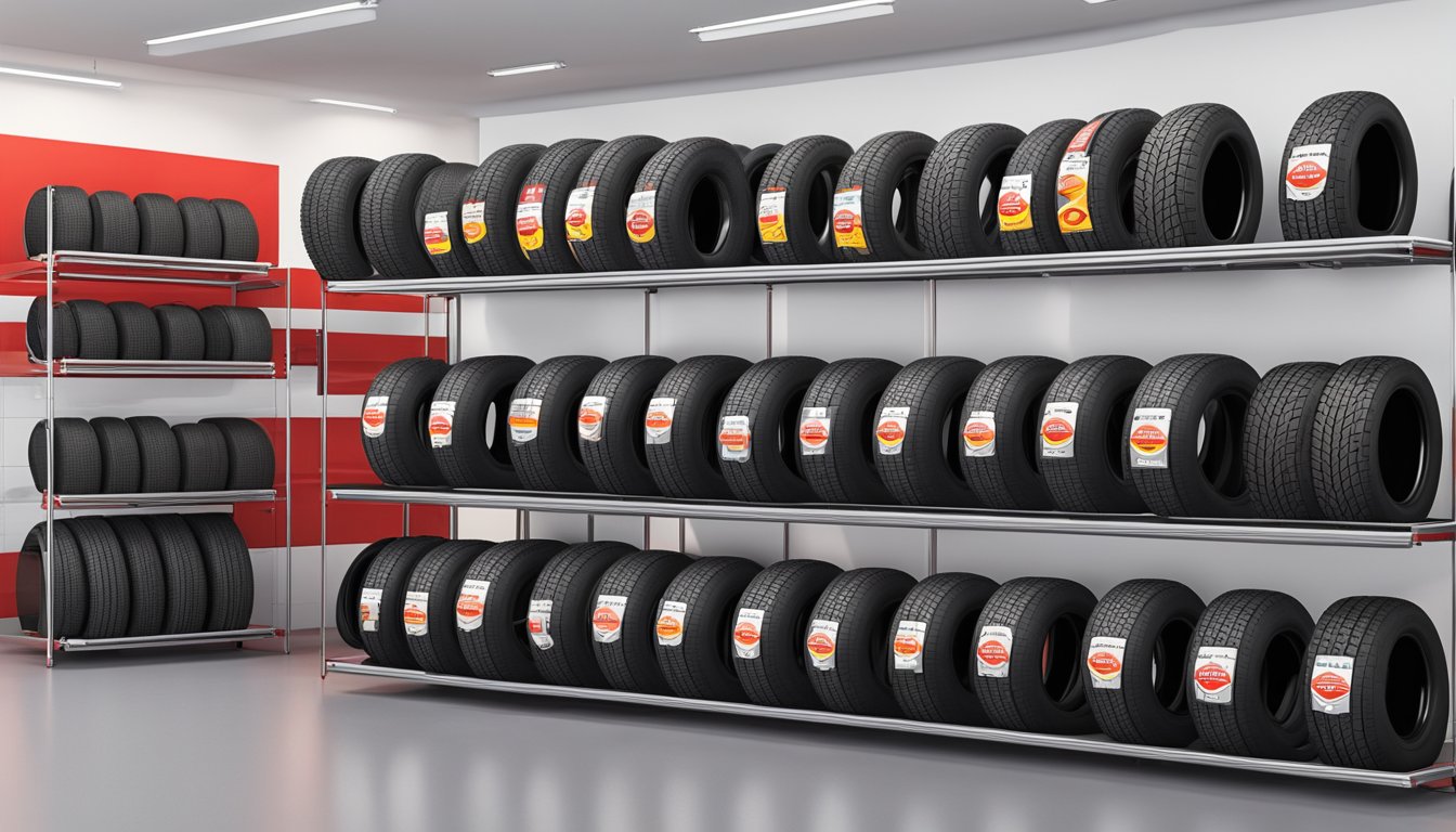 A variety of Firestone tire models displayed in a well-lit showroom. The tires are arranged neatly on racks, with clear signage indicating the different models and their features