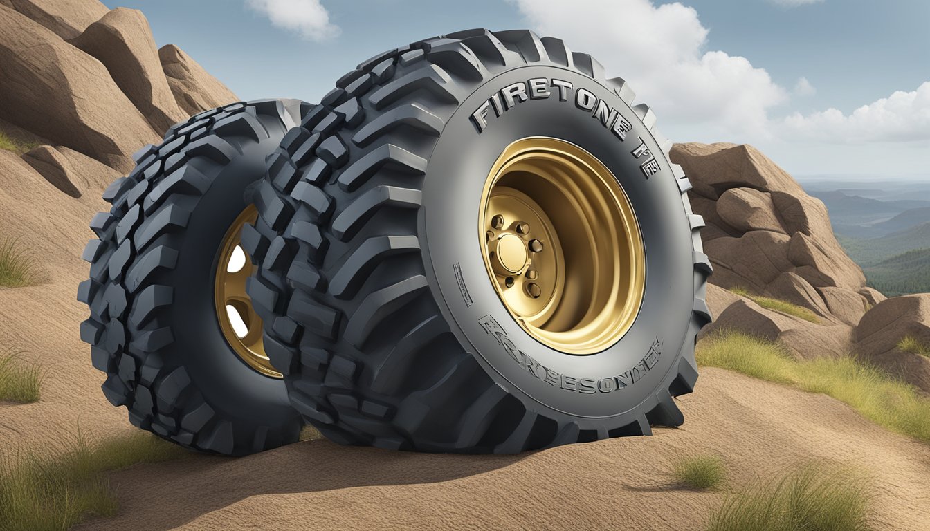 A sturdy Firestone tire rolls over rough terrain, showing strength and reliability