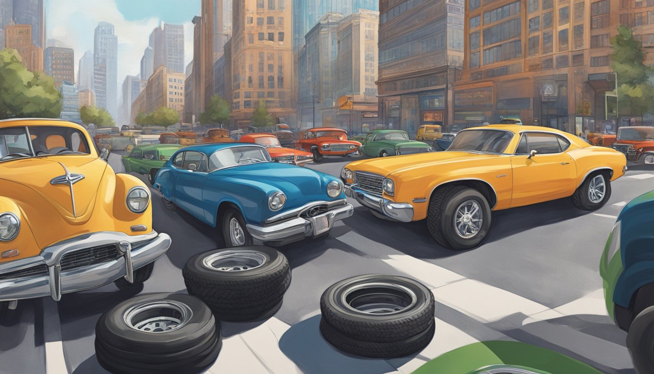 A Firestone tire sits on a road, surrounded by a bustling cityscape and a diverse range of vehicles