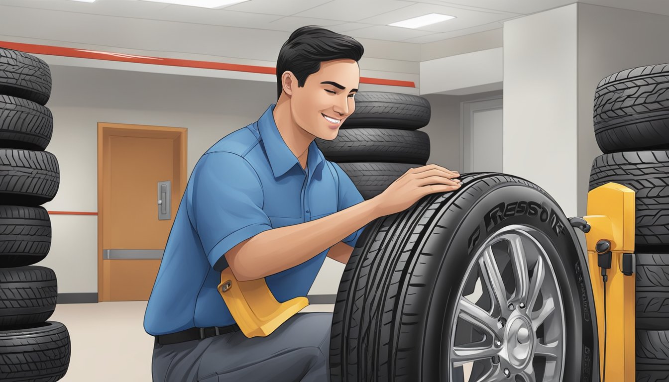 A customer service representative assisting a client with a Firestone tire, showcasing the quality of the service and product