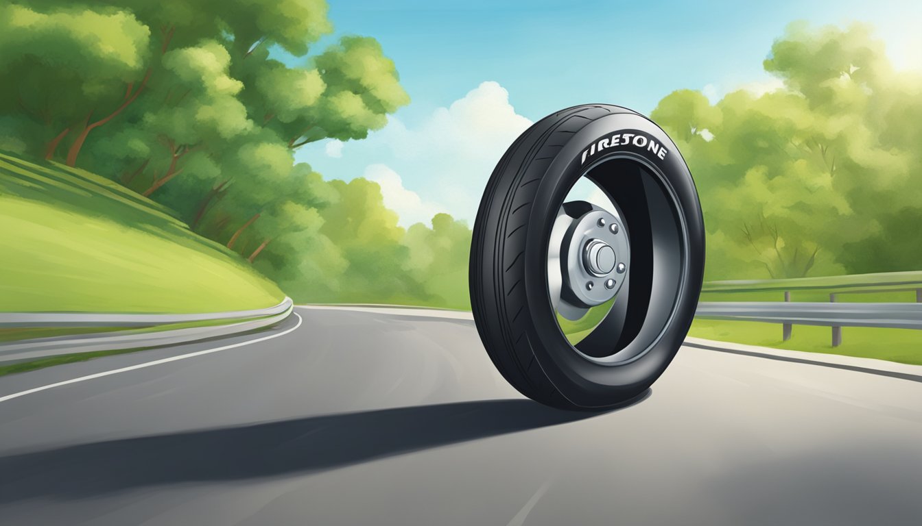A Firestone tire rolling smoothly on a road, with a clear blue sky and green trees in the background
