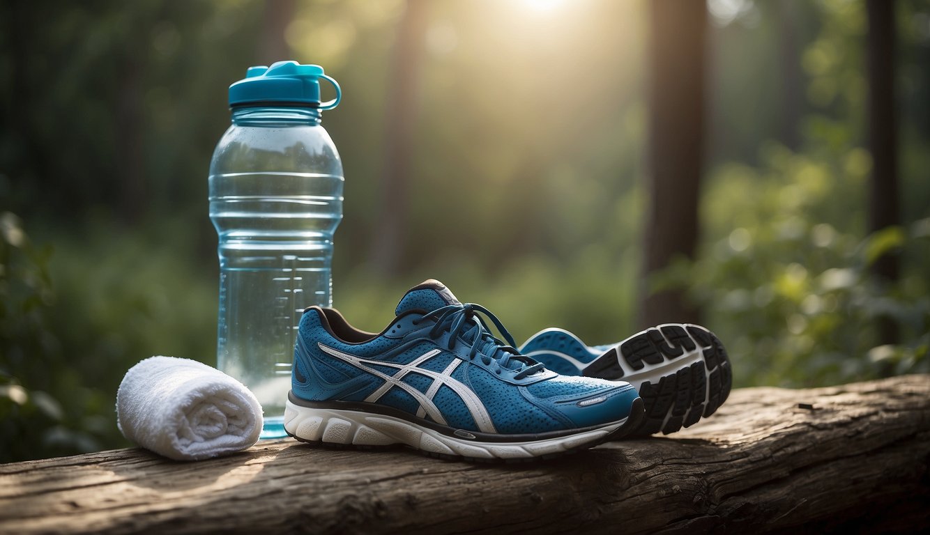 A runner's water bottle and towel sit next to a pair of running shoes, surrounded by a peaceful, natural setting