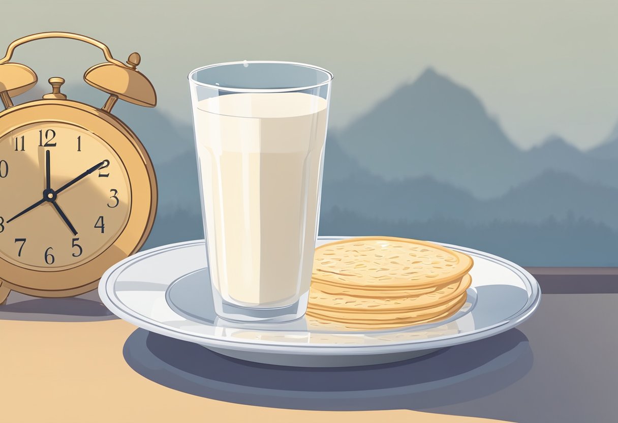 A glass of oat milk sits next to a clock showing early morning. An empty plate suggests the beginning of a fast