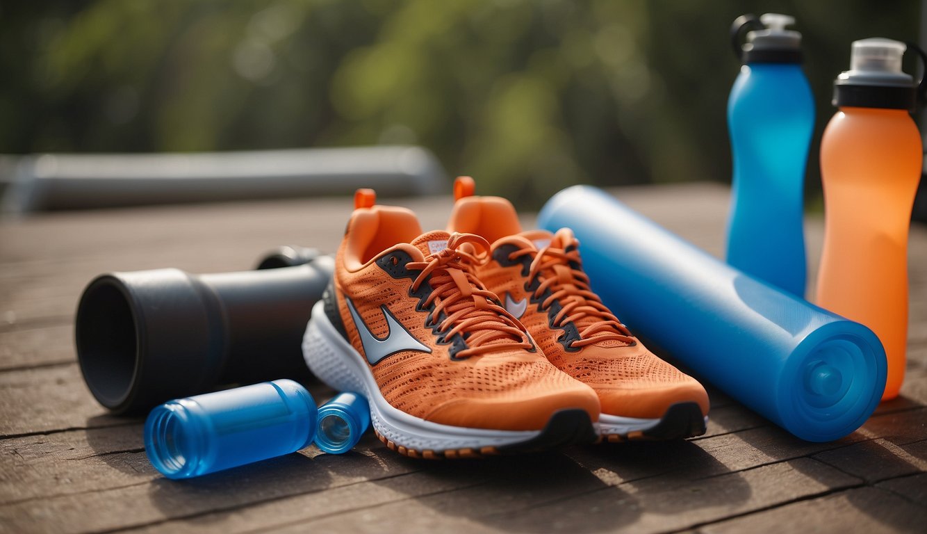 A runner rests on a yoga mat, surrounded by water bottles and a foam roller. A stopwatch and running shoes sit nearby, while a journal with training notes lies open