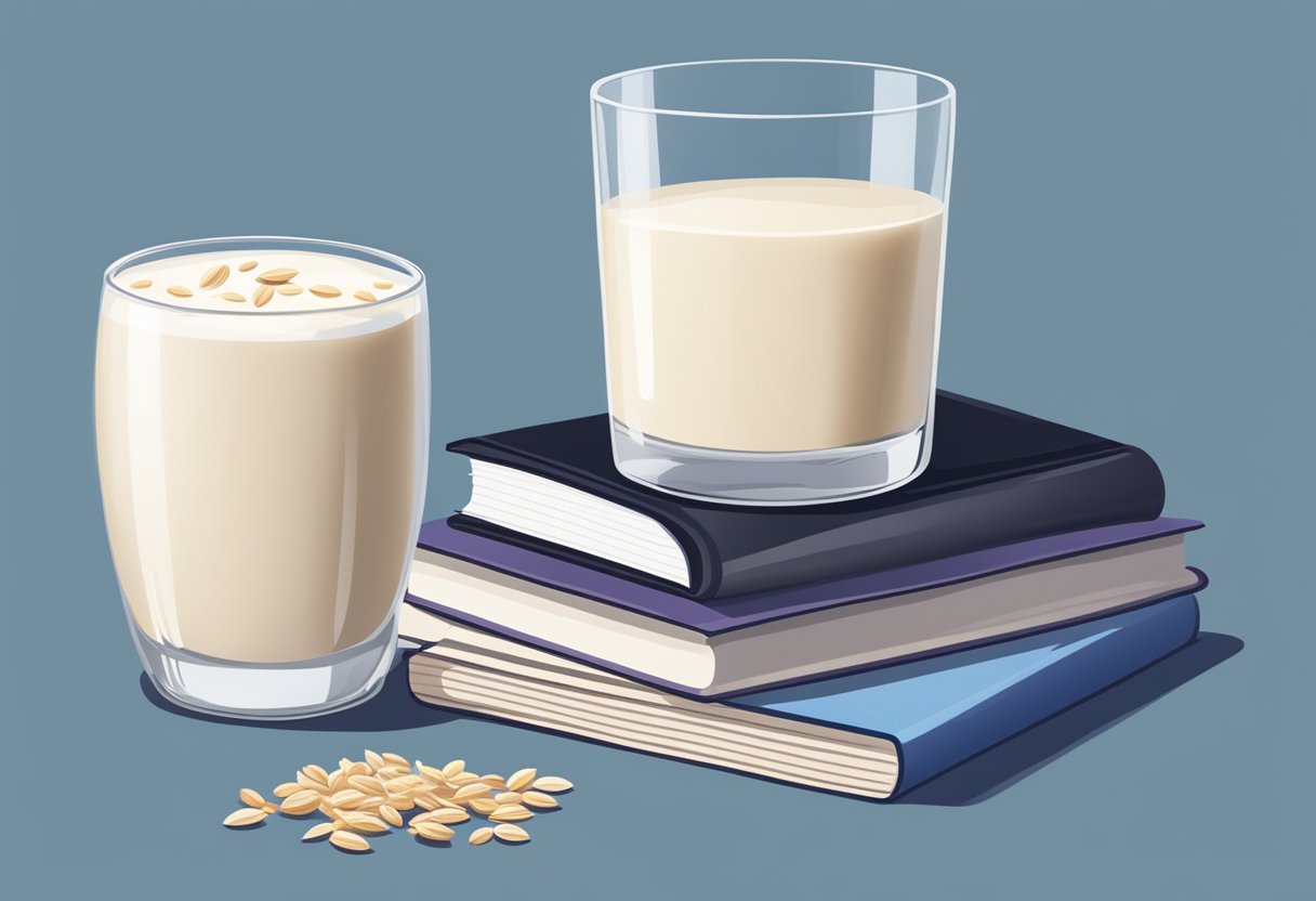 A glass of oat milk next to a stack of popular fasting diet books