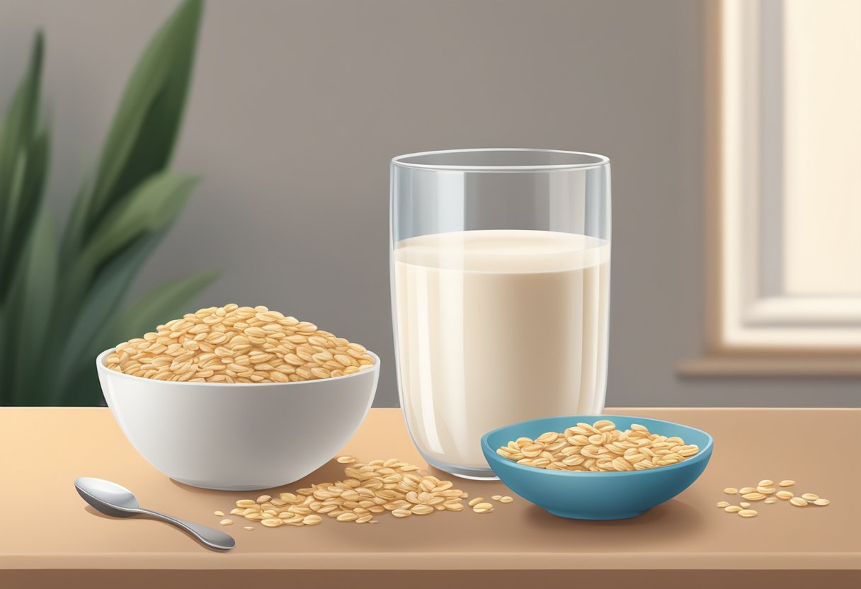 A glass of oat milk next to a bowl of cereal on a table