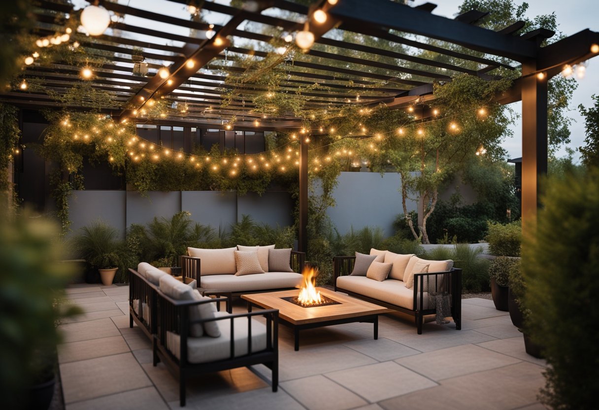 A spacious outdoor patio with a wooden pergola, string lights, comfortable seating, a cozy fireplace, and lush greenery surrounding the area