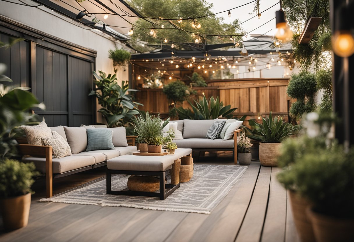 A sunny Dallas patio with various cover materials: wood, metal, fabric, and plants. A cozy seating area, string lights, and potted plants add a welcoming touch