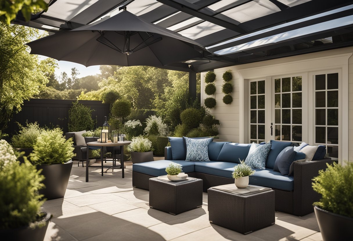 A sunny patio with a variety of cover options: pergolas, umbrellas, retractable awnings, and shade sails. Lush greenery and comfortable seating complete the outdoor space
