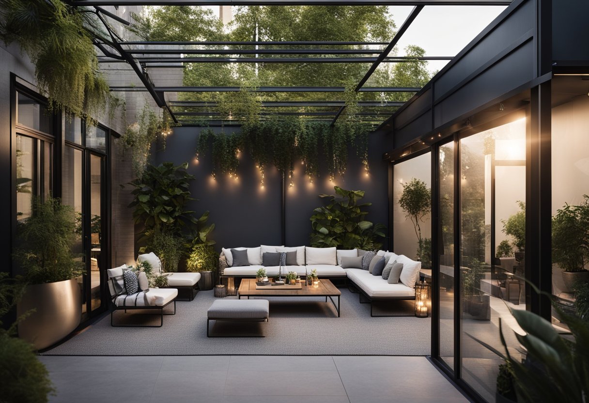 A modern patio with a sleek, metal pergola and minimalist furniture. Lush greenery and string lights add a cozy, inviting atmosphere