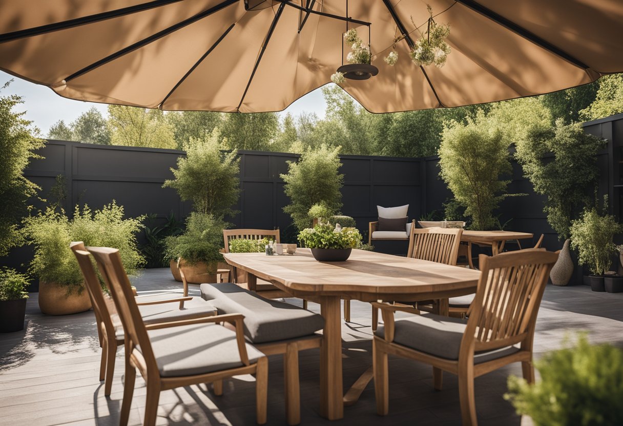 A cozy outdoor patio with a variety of budget-friendly cover ideas, such as pergolas, umbrellas, and shade sails, surrounded by greenery and comfortable seating
