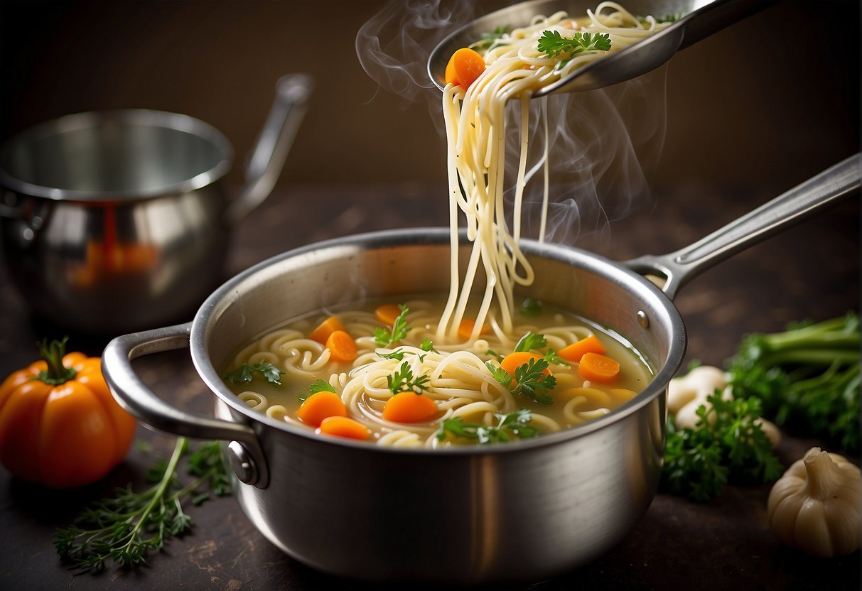 A pot of simmering chicken noodle soup with fresh vegetables and herbs, a ladle resting on the side, steam rising from the fragrant broth