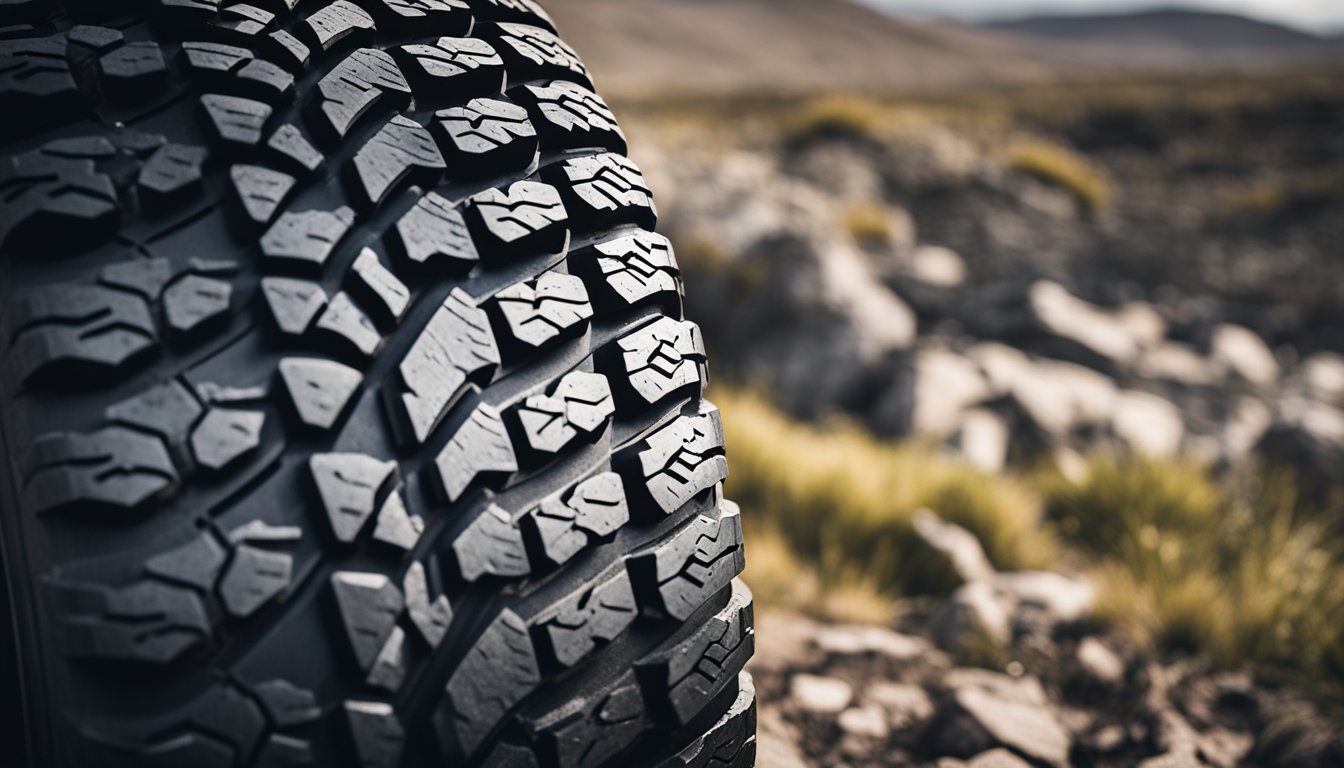 A rugged tire, Pneu Xbri Brutus T/A, sits on a rocky terrain. Its sturdy tread pattern and bold lettering stand out against the rugged backdrop