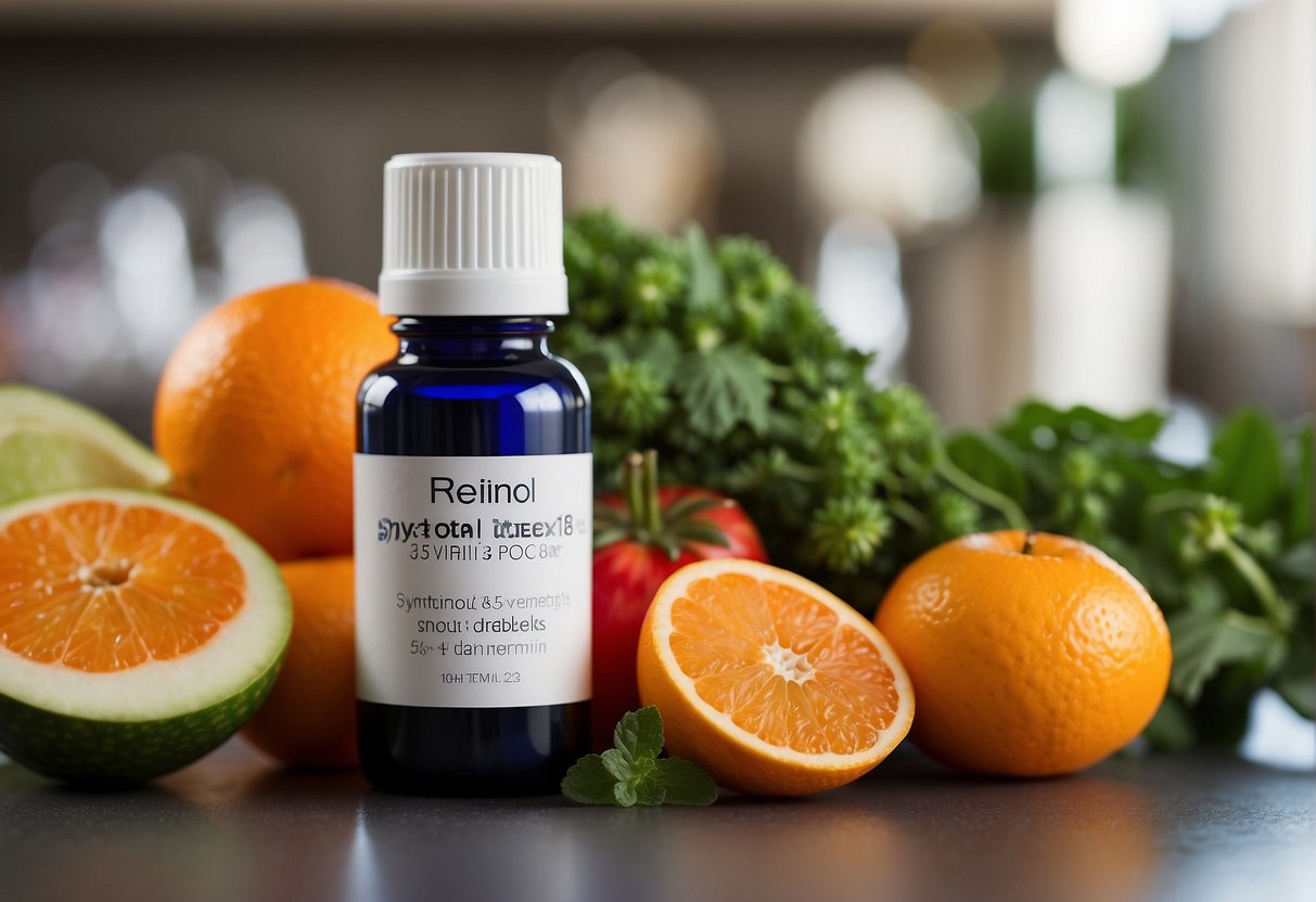 A laboratory table displays a sleek, modern bottle labeled "Synthetic Retinol" next to a vibrant array of fruits and vegetables labeled "Natural Retinol."
