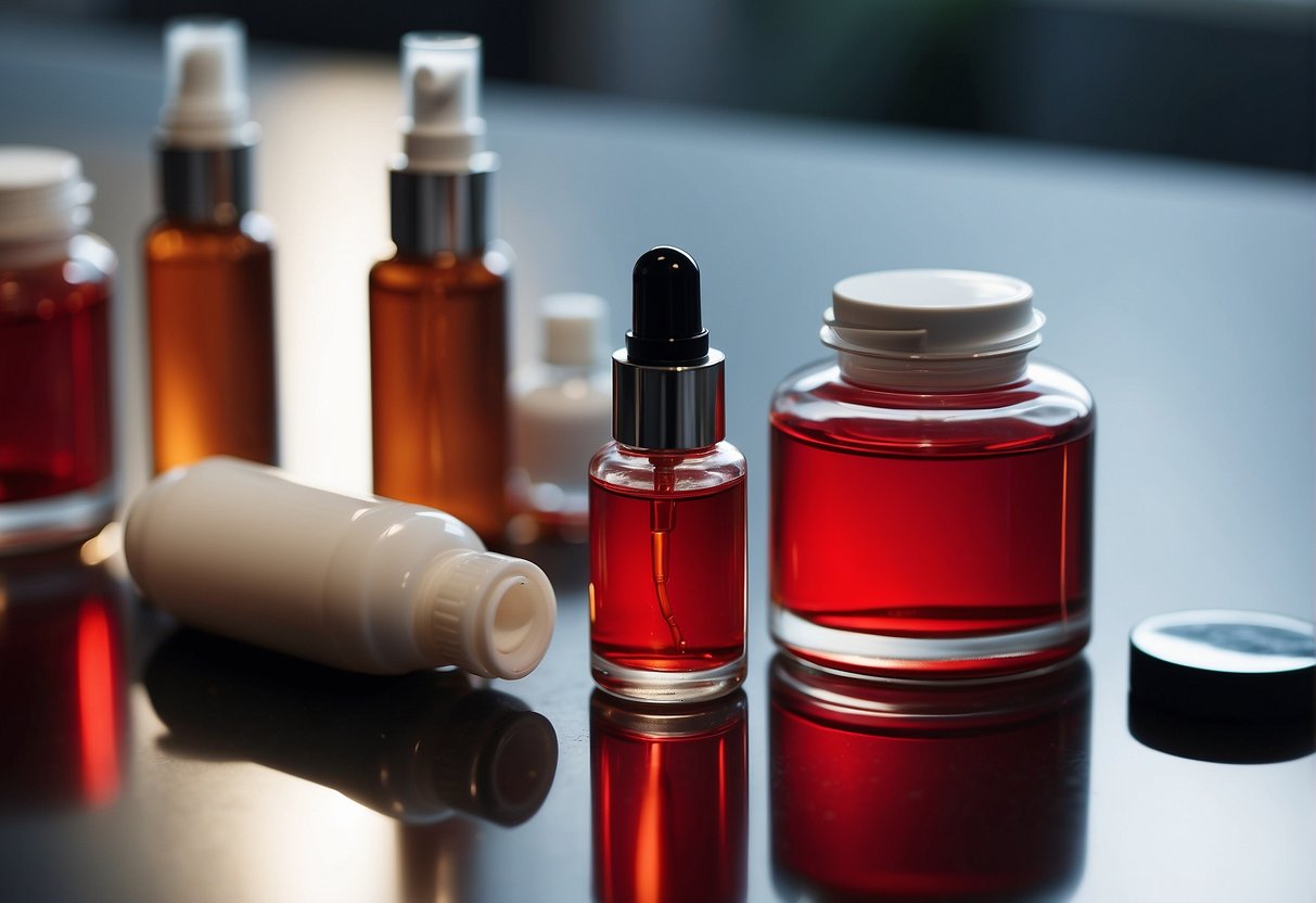 A red, irritated patch of skin contrasts with a calm, smooth area. Synthetic and natural retinol bottles sit nearby, emphasizing the difference