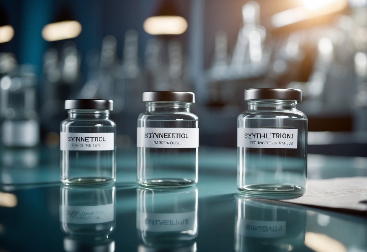 A laboratory table with two jars labeled "Synthetic" and "Natural" retinol. Warning signs and safety equipment are visible in the background