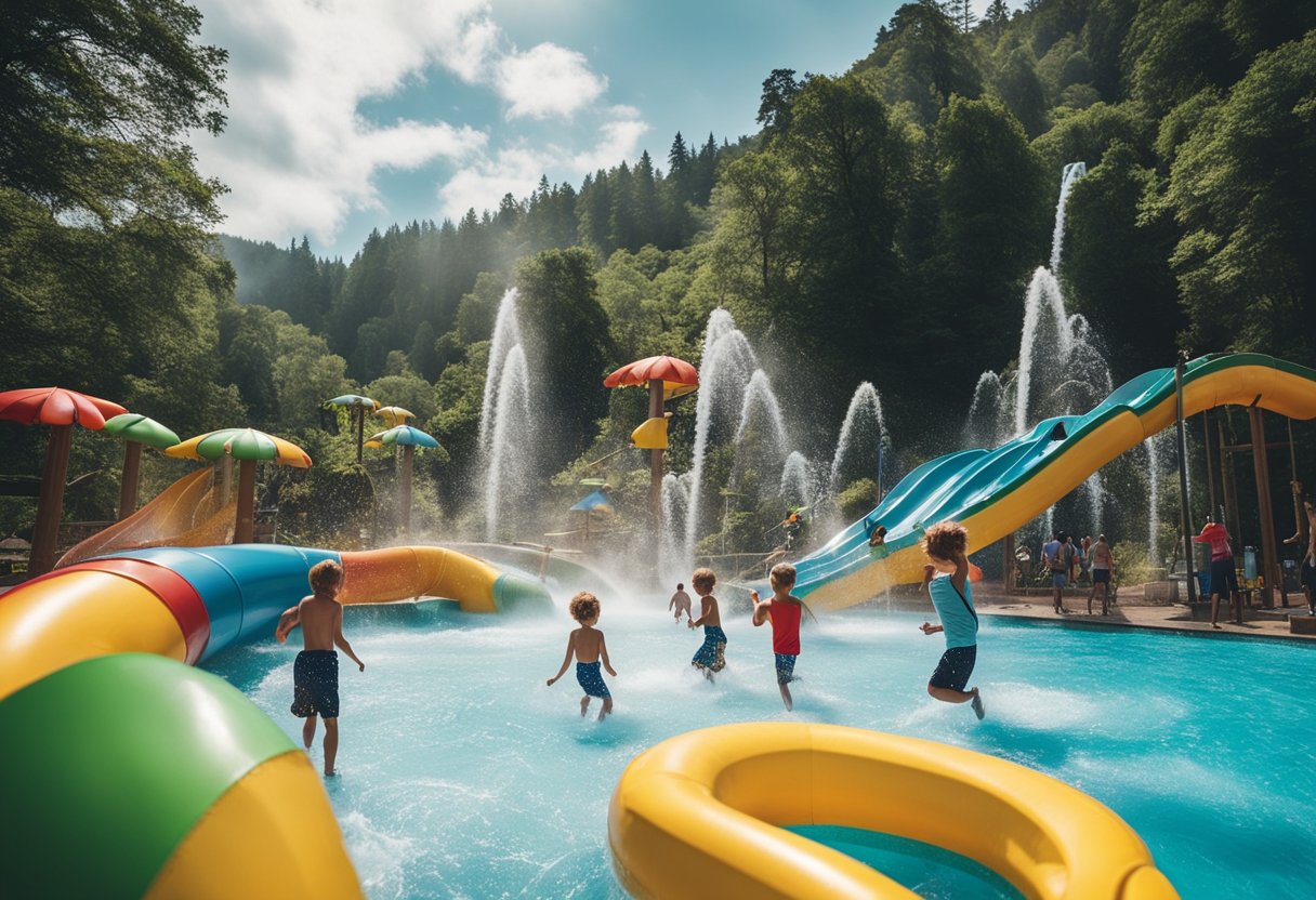 Children playing in a water park with slides, fountains, and water guns. Others are hiking in a lush forest with a flowing river and wildlife