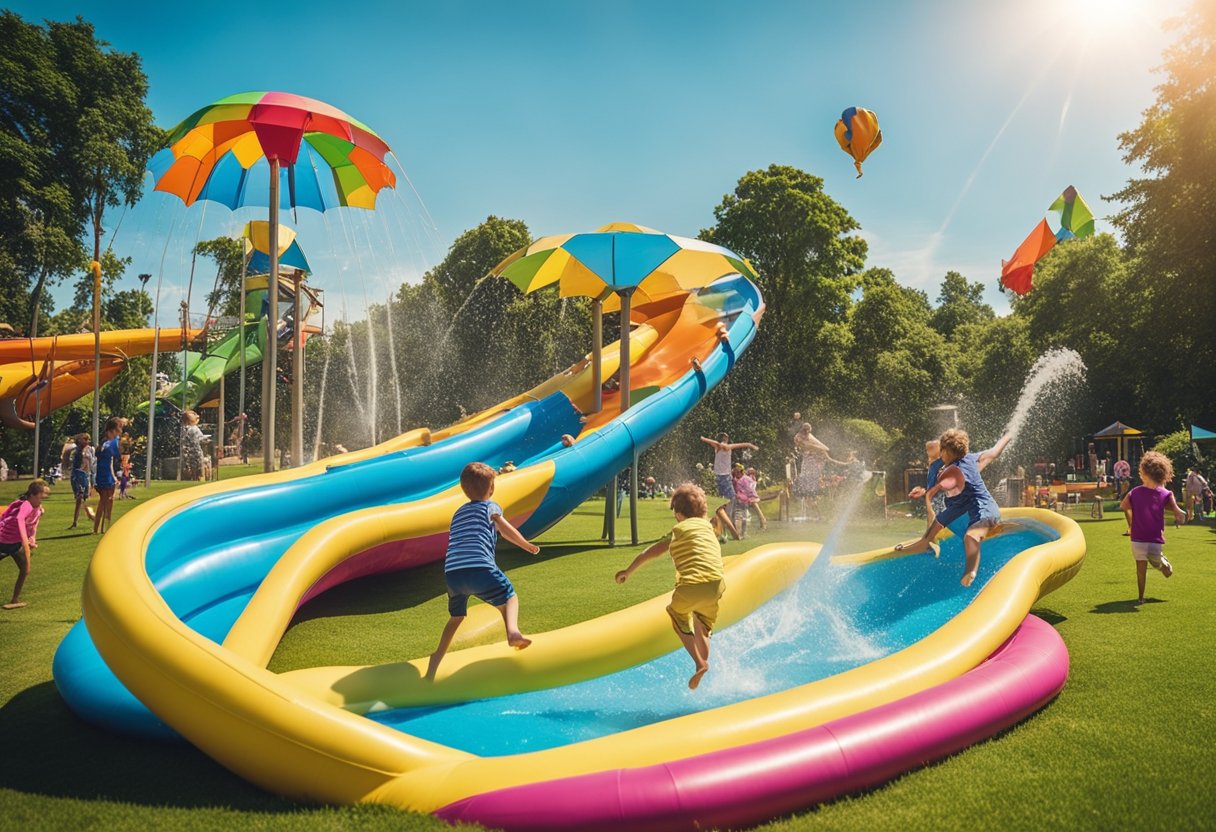 Children playing in a water park, splashing in fountains and sliding down colorful slides. Families picnicking in a lush green park, flying kites and playing games. Sunshine and blue skies overhead