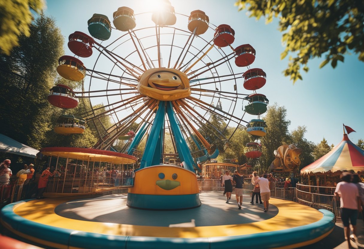 Colorful amusement park rides spin and twirl under a bright sun. Families laugh and play in a bustling outdoor entertainment center