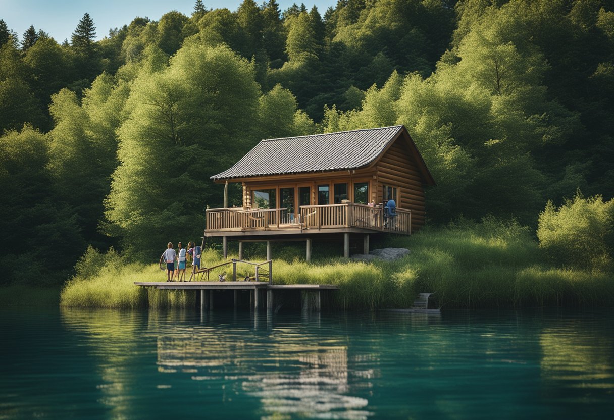 A serene lakeside cabin surrounded by lush greenery and clear blue skies, with children playing in the water and on the nearby playground