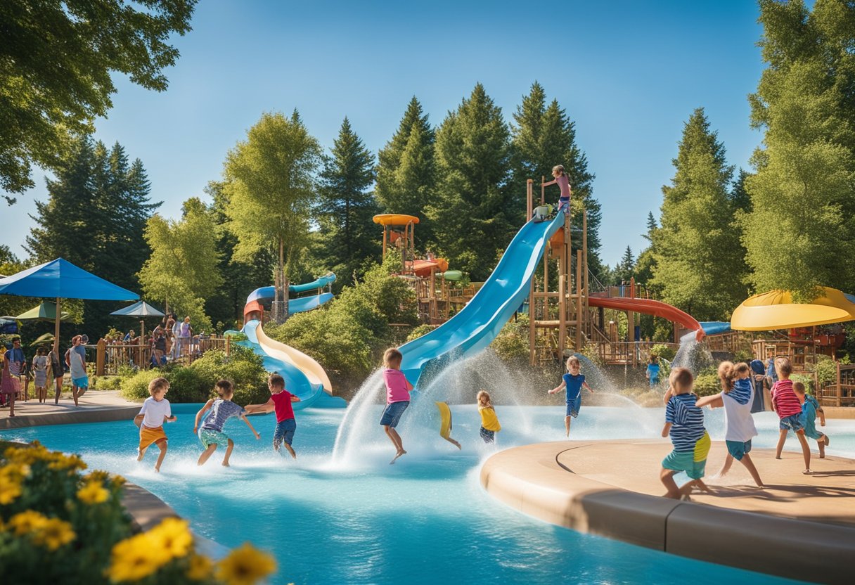 Children playing in a water park with slides and fountains, while others explore a nature trail with towering trees and colorful flowers. Sun shines in the clear blue sky, as families enjoy picnics and outdoor games