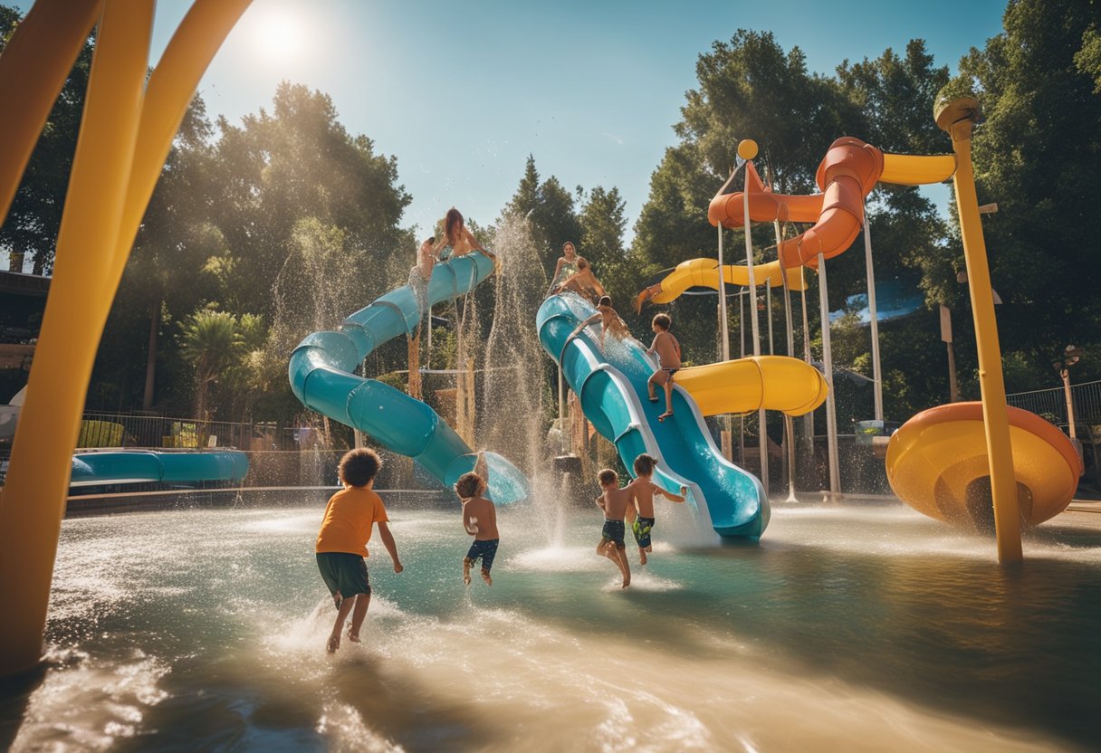 Children playing in a water park, with slides, fountains, and pools. Nearby, kids are engaged in outdoor activities like hiking and fishing