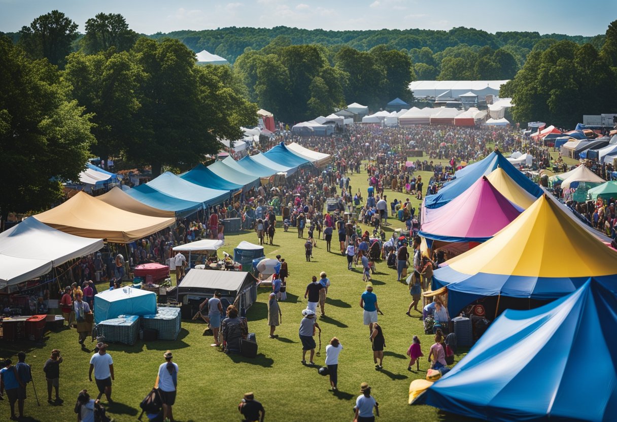 Crowds gather at outdoor festivals and fairs in Missouri. Colorful tents, food vendors, and live music create a lively atmosphere. Families enjoy games, rides, and entertainment under the summer sun