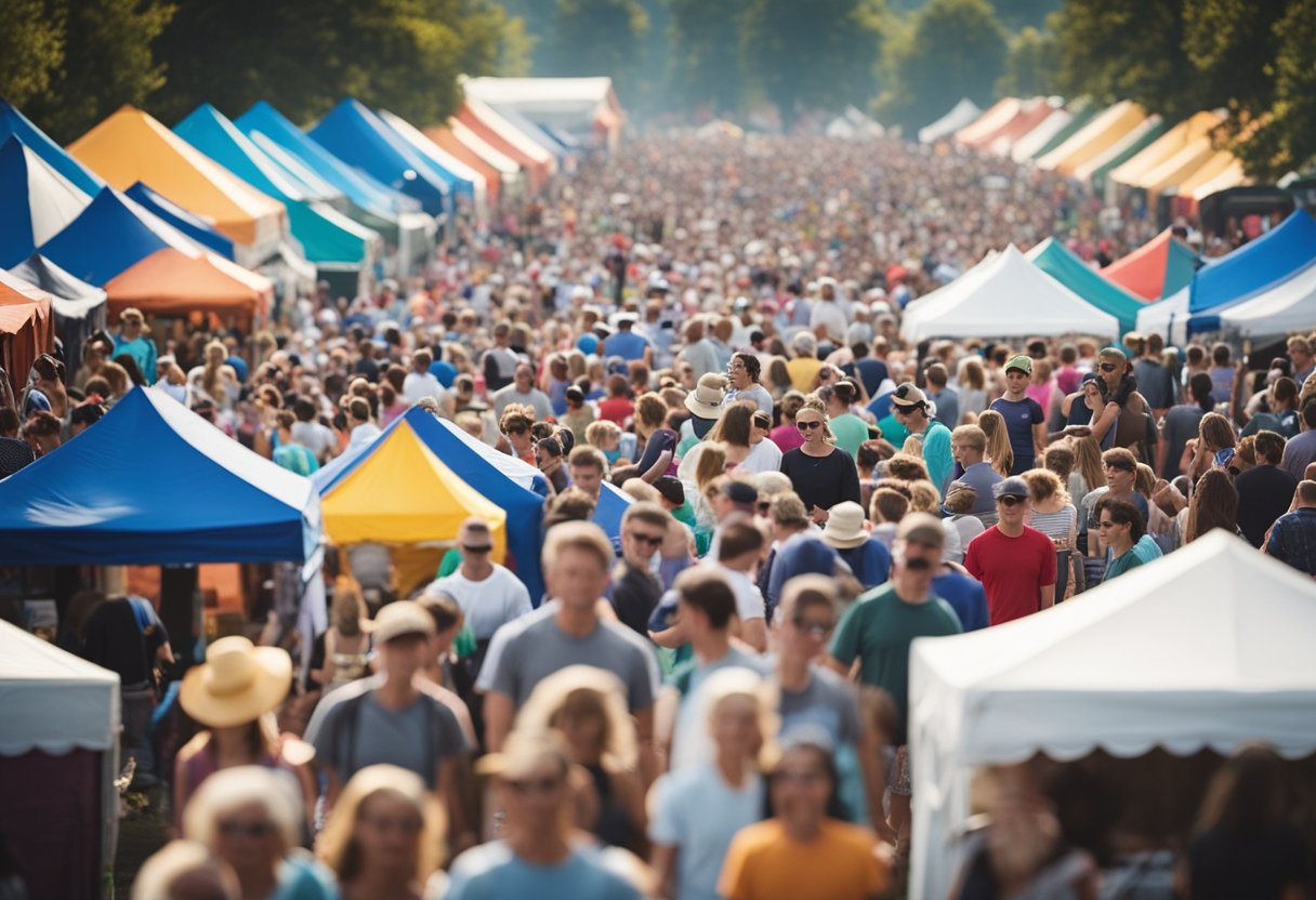Crowds gather at outdoor festivals in Missouri. Colorful tents, food vendors, and live music fill the scene. Families enjoy games and activities