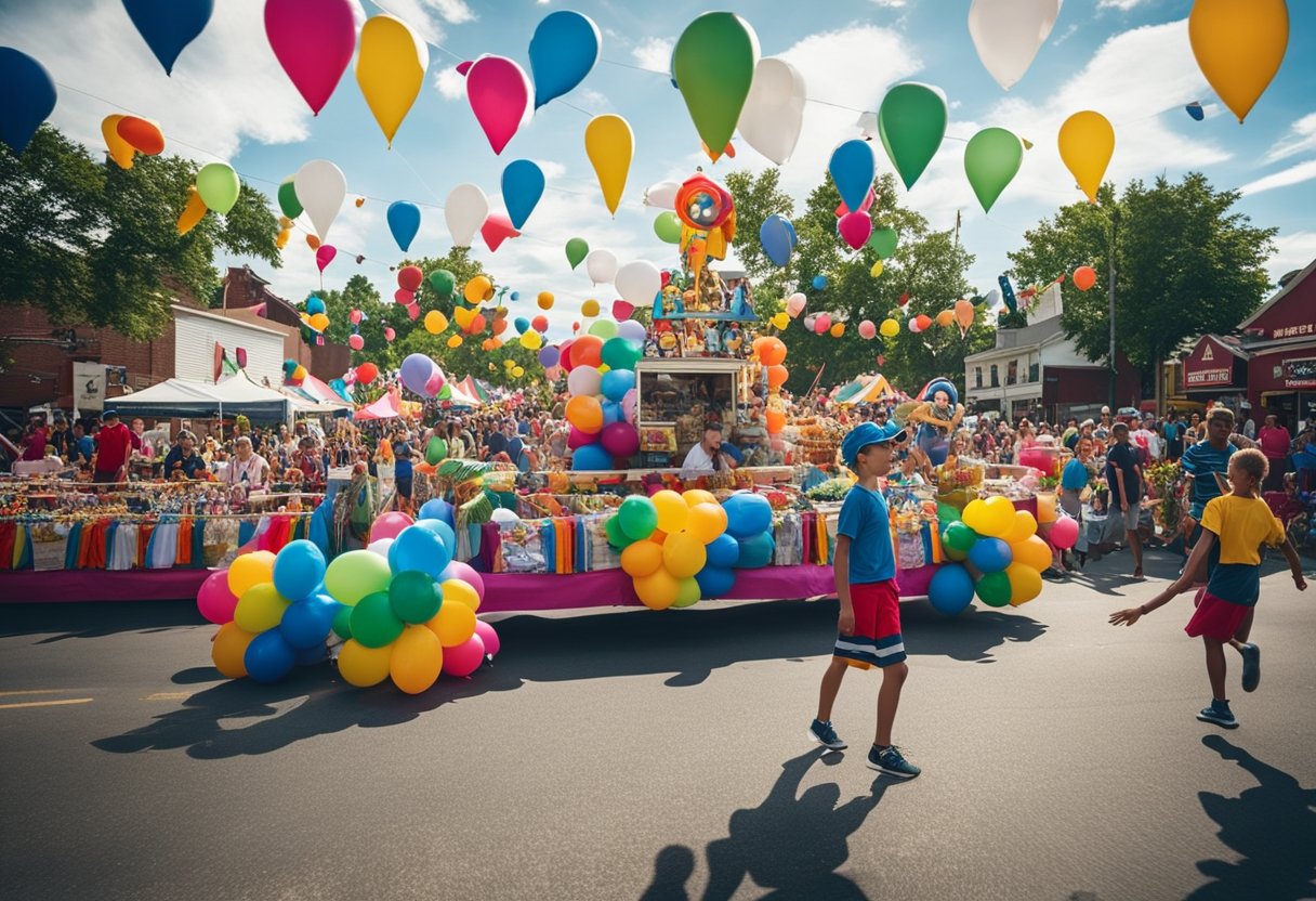 A vibrant parade winds through a Missouri town, with colorful floats, live music, and excited spectators lining the streets. Festive banners flutter in the warm summer breeze, while families enjoy games and treats at nearby fairs and festivals