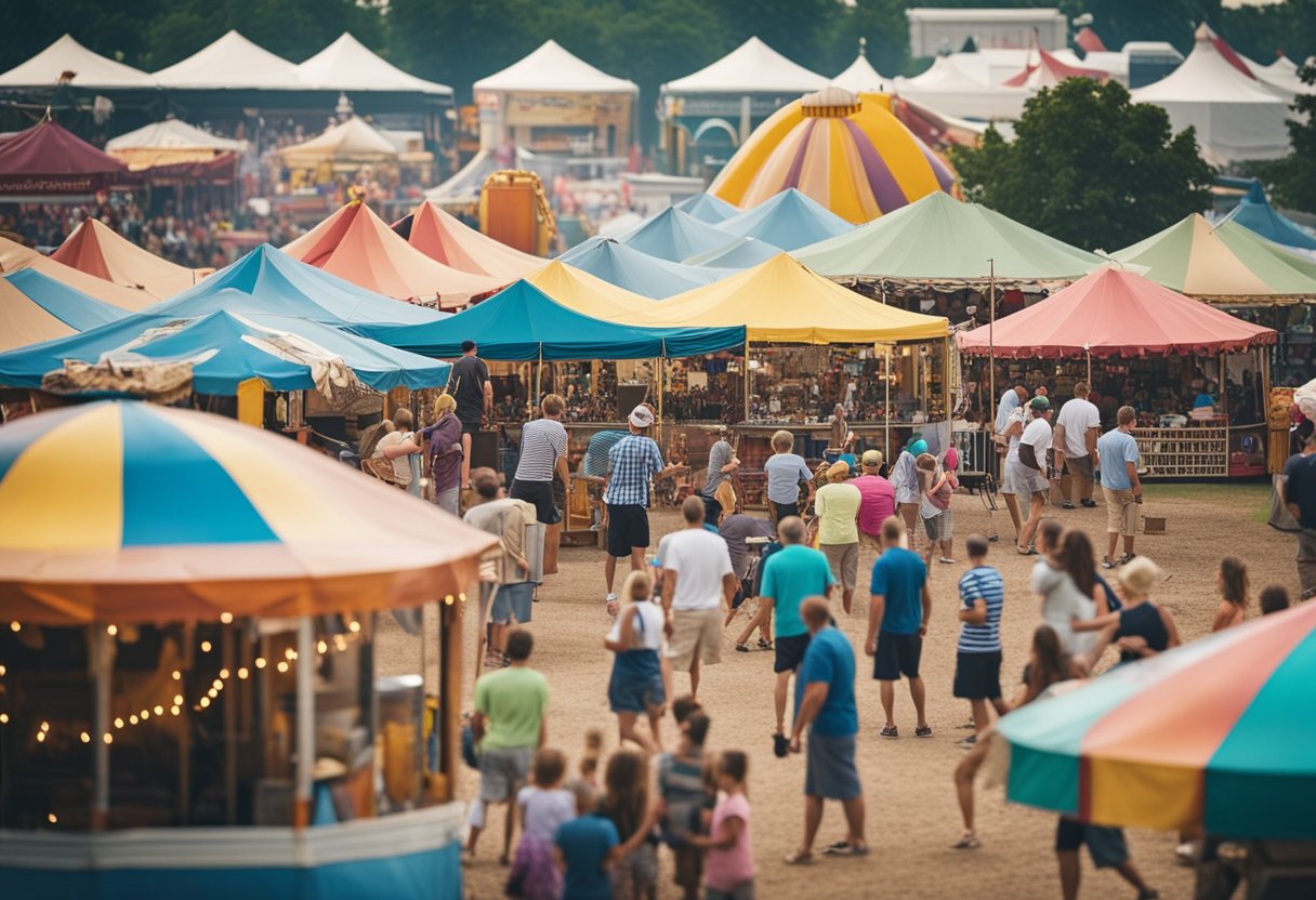 A bustling Missouri fairground in summer: colorful tents, food vendors, and families enjoying games and live music